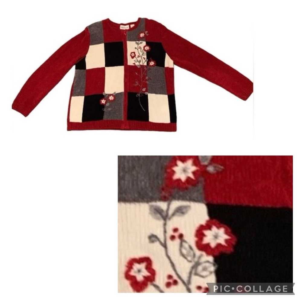 Vintage Alfred Dunner Floral Embroidery Color Block Squares Zipper Cardigan